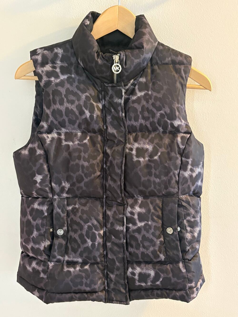 Michael Kors Puffer Vest Women’s Small Black Leopard Print Quilted Zip Snap